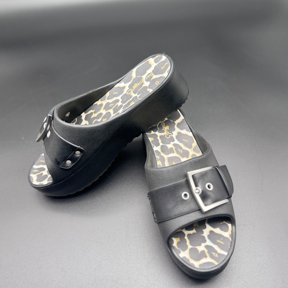 Baretraps Sandals Womens 7 Black Leopard Print Platform Slide Buckle Accent